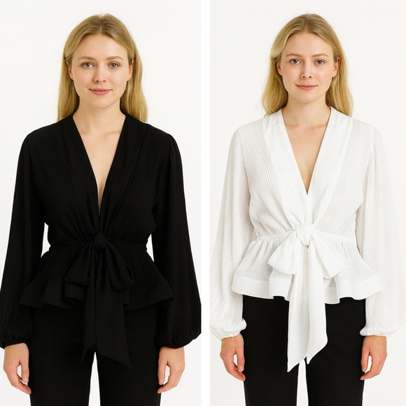 M Signature Label Collection Tops - Stunning Black & White Pleated Tie Top